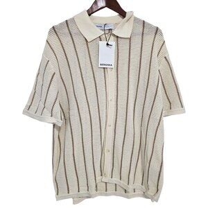 Bershka Striped textured short sleeve shirt‎ In Sand Size XL